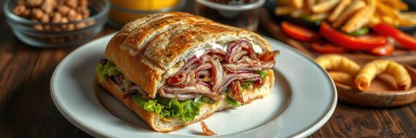 Delicious sandwich with layers of meat and fresh vegetables served on a plate alongside tasty sides photo