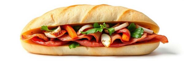 Delicious sandwich filled with fresh meats and vegetables prepared for lunch photo