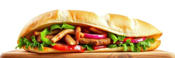 Delicious freshly made sandwich with grilled meat, vegetables, and crispy bread served on a wooden board photo