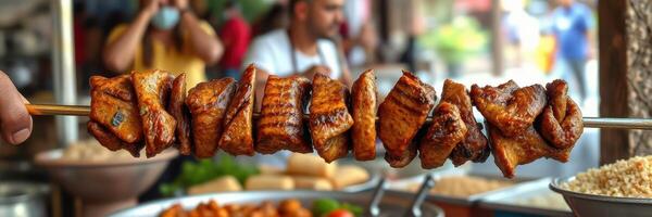delicioso A la parrilla carne brochetas servido a un bullicioso calle comida mercado en el noche foto