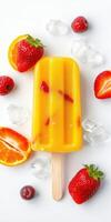 Colorful fruity popsicle surrounded by fresh berries and ice cubes on a white background photo