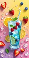 Refreshing summer beverage with fruits and ice on a colorful background photo