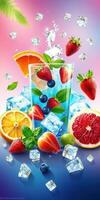 Refreshing fruit cocktail with ice cubes and vibrant colors in a summer setting photo