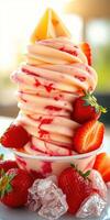 Delicious soft serve ice cream topped with fresh strawberries in a sunny outdoor setting photo