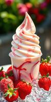 Soft serve ice cream with strawberry swirl served in a cup surrounded by fresh strawberries on a sunny day photo