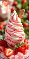 Delicious strawberry swirl soft serve ice cream served with fresh strawberries at a summer gathering photo