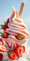 Creamy strawberry swirl frozen dessert topped with fresh strawberries in a cup photo