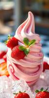 Delicious soft serve strawberry ice cream topped with fresh strawberries and mint leaves in a summer setting photo
