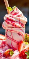 Creamy strawberry swirl dessert served in a cup with fresh fruit garnishes at a summer celebration photo