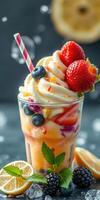 Colorful ice cream sundae topped with fresh fruits and whipped cream served in a glass photo