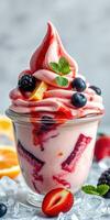 Delicious frozen dessert topped with fresh fruits and vibrant sauces served in a glass photo