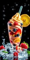 Indulging in a vibrant dessert with fruity flavors and refreshing ice cream served in a glass at a lively gathering photo