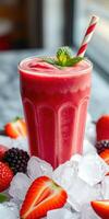 Refreshing berry smoothie served with fresh strawberries and blackberries over ice photo