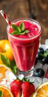 Refreshing fruit smoothie with vibrant colors served in a tall glass on a wooden table photo
