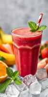 Refreshing fruit smoothie with vibrant colors and fresh ingredients on a countertop photo