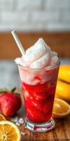 Refreshing summer slush with vibrant fruit flavors served in a glass on a wooden table photo