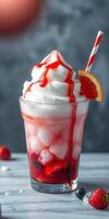 Refreshing summery dessert drink with strawberries, ice, and whipped cream served in a glass photo