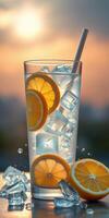 Refreshing citrus drink with ice and lemon slices against a sunset background photo