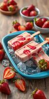 Strawberry popsicles arranged on ice with fresh strawberries in a blue tray setting photo