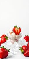 Delicious strawberry swirl ice cream in a glass surrounded by fresh strawberries and ice photo
