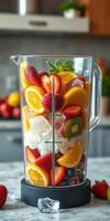Fresh fruit smoothie preparation with vibrant ingredients in a modern kitchen setting photo