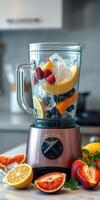 Fresh fruits and ice blend together in a modern kitchen with a stylish blender photo
