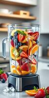 Fresh fruits in a blender preparing for a healthy smoothie in a modern kitchen setting photo