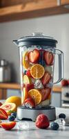 Fresh fruits and ice blended in a modern kitchen to create a refreshing smoothie drink photo