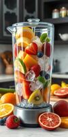 Fresh fruit blend preparation in modern kitchen using vibrant ingredients and ice for refreshing drinks photo