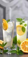 Refreshing citrus drinks with mint and lemon served over ice in a modern setting photo