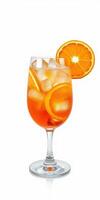 Refreshing orange cocktail served in a clear glass with ice and garnished with orange slices photo