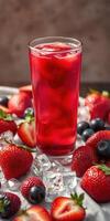 Refreshing summer drink with strawberries and blueberries served on a tray with ice cubes photo