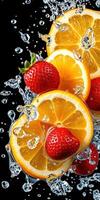 Fresh fruits splash in water, showcasing vibrant colors and textures in a dynamic arrangement of strawberries and oranges photo