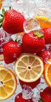 Fresh strawberries and citrus slices surrounded by ice cubes create a vibrant, refreshing summer drink setting photo