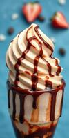 Delicious soft serve ice cream topped with rich chocolate syrup and strawberries on a blue background photo