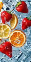 Fresh strawberries and citrus fruits splashing in icy water against a bright backdrop photo