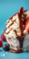 Delicious dessert featuring ice cream topped with chocolate sauce and fresh berries in vibrant colors photo