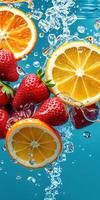Fresh strawberries and oranges splash in vibrant water creating an eye-catching display photo
