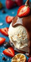 Delicious dessert featuring creamy vanilla ice cream topped with rich chocolate and fresh strawberries photo