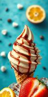 Creamy vanilla swirl ice cream topped with chocolate sauce and fresh fruit on a vibrant blue background photo