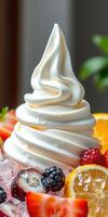Delicious soft serve ice cream topped with fresh berries and citrus fruits garnished with vibrant colorful toppings at a dessert shop photo