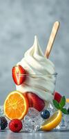 Delicious frozen yogurt dessert topped with fresh fruits and served on ice in a clear cup photo