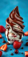Delightful chocolate swirl ice cream topped with fresh strawberries on a vibrant blue background photo