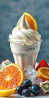 Creamy dessert topped with fruits and ice in a clear cup against a textured background photo