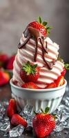 Delicious strawberry soft serve ice cream topped with chocolate drizzle and fresh berries served in a bowl photo