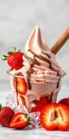 Delicious strawberry ice cream topped with chocolate drizzle served in a clear glass with fresh strawberries photo