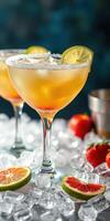 Refreshing citrus cocktails served over ice with strawberries at a summer gathering photo