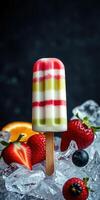 Colorful frozen popsicle surrounded by fresh fruits and ice at a summer gathering photo