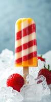 Colorful striped popsicle on ice surrounded by fresh strawberries in a bright setting photo