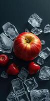 Fresh red apples surrounded by ice cubes on a dark surface highlighting contrast and freshness photo